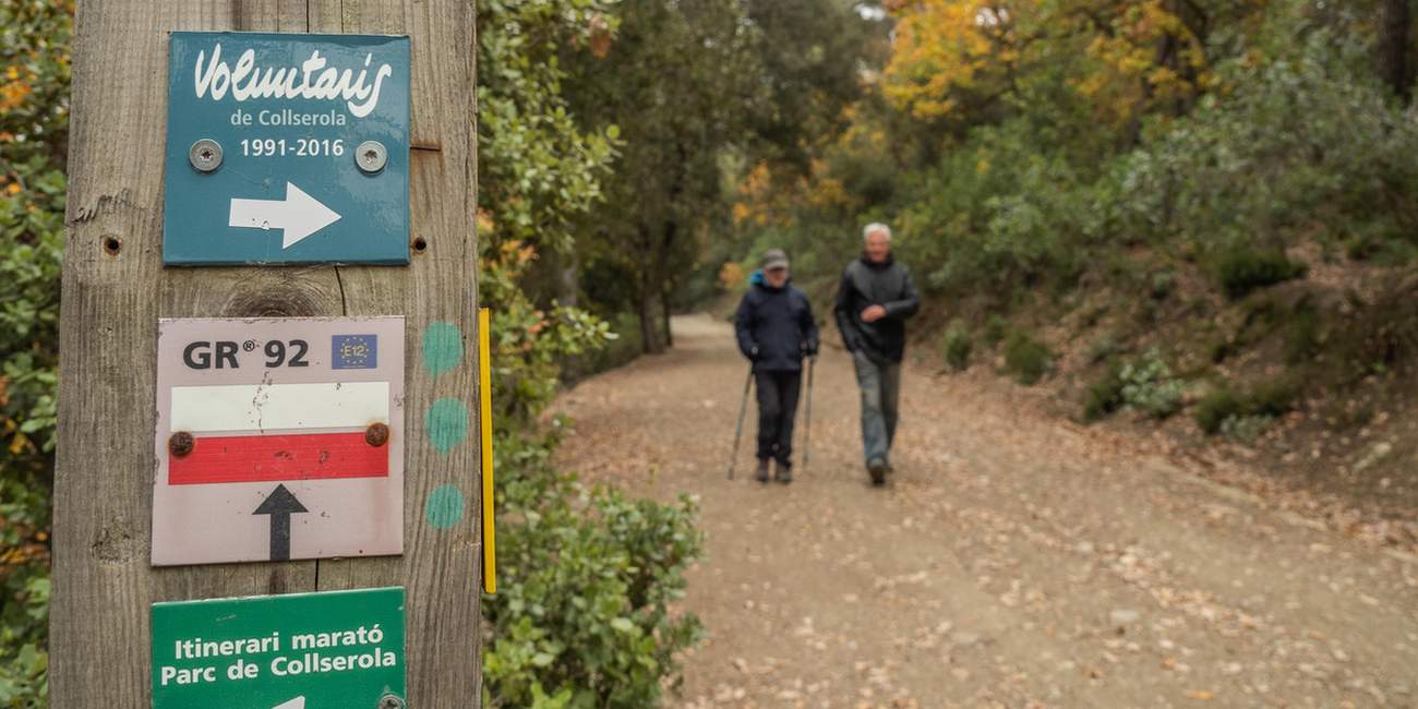 Una imatge d'uns senderistes caminant per un tram de Collserola (Fotografia: Bernat Figueras) Una imatge d'uns senderistes caminant per un tram de Collserola
